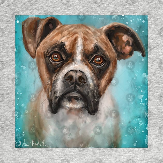 Contemporary Painting of a Brown Boxer Dog with a Curious Expression on Blue Background by ibadishi